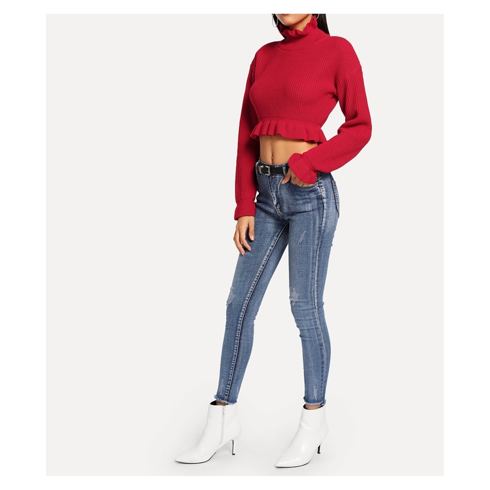 Red Long Sleeve Ruffle Hem Crop Sweater - Picture 3 of 5